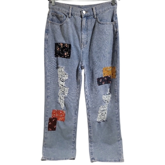 Cider Patchwork Distressed Boyfriend Denim Jeans Size L 15/29 Blue Boho - Picture 5 of 16